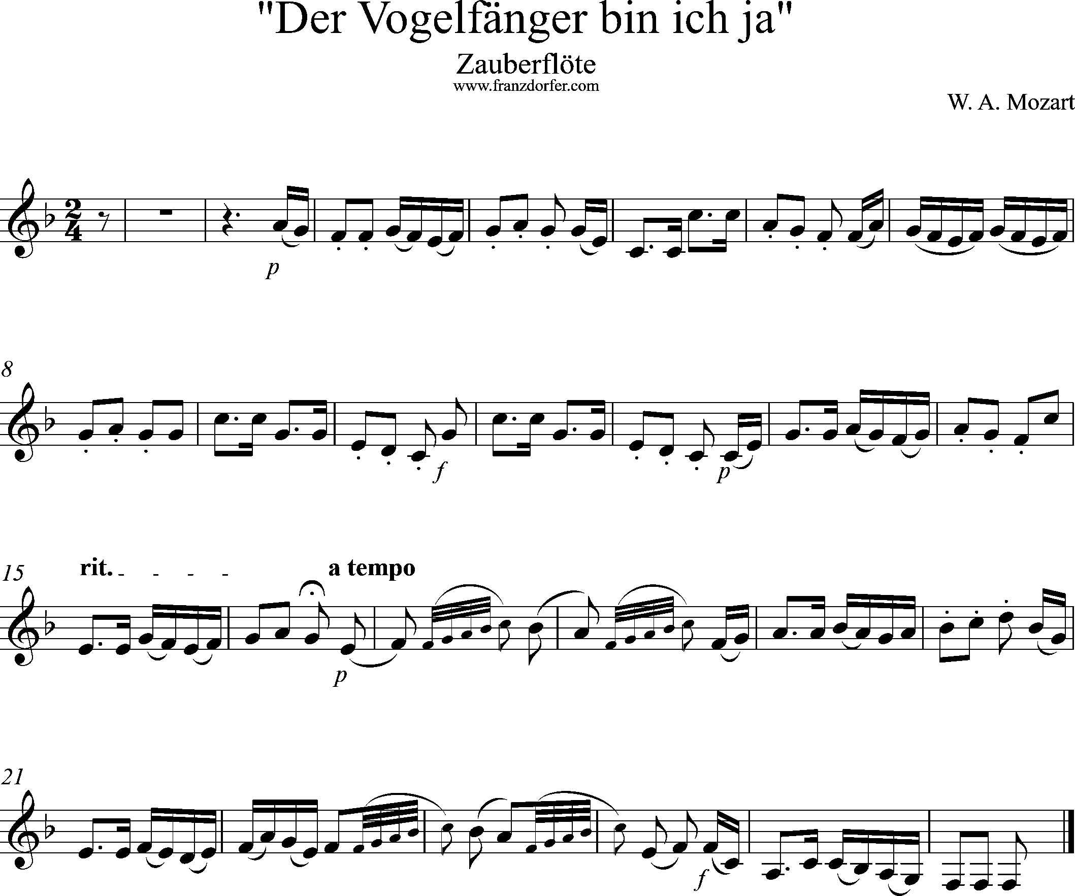 zuaberflöte, Vogelgängerlied, F-Dur tief